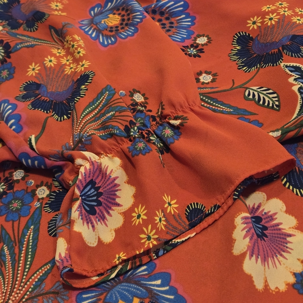 Zac & Rachel Womens L Red Floral Peasant Blouse Tie Neck Boho Flowy Tunic Top - Picture 11 of 13